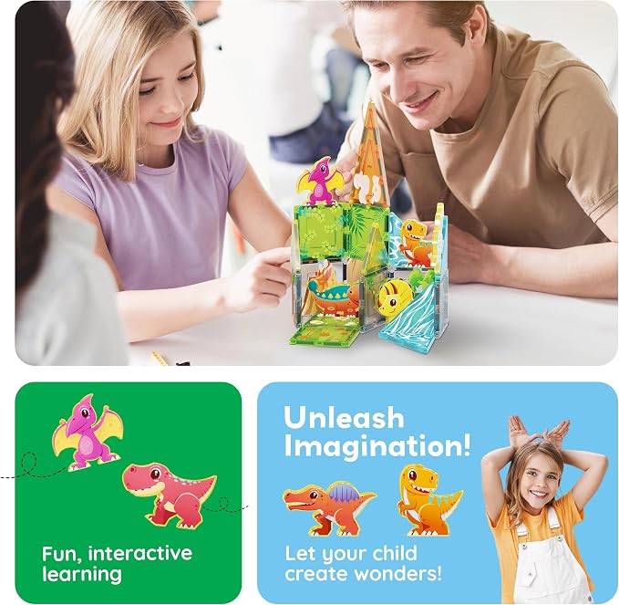 PicassoTiles Magnet Tile Building Blocks Dinosaur World Themed Playset with 8 Animal Character Action Figures Magnetic Tiles STEM Learning Pretend Play Toy Construction Set Boys Girls Ages 3+ PTQ23
