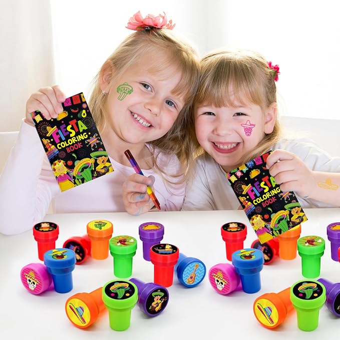 Cinrobiye 24 Pcs Mexican Fiesta Stampers for Kids,Party Favor Set, Mexico Party Favor Set Stampers, Cinco de Mayo Birthday Party Supplies, Classroom Rewards, Piñata Fillers, Goody Bag Stuffers