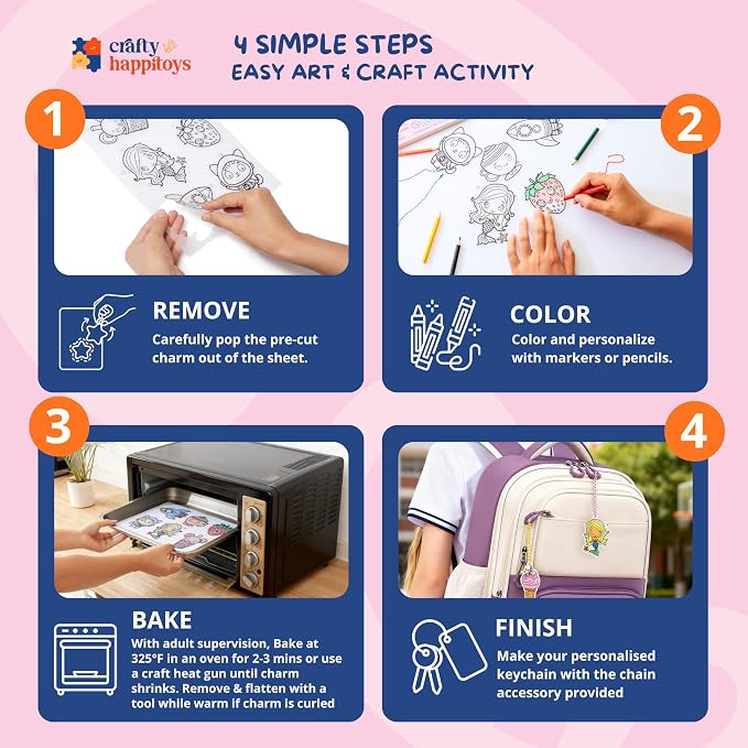 Shrink Art Kit - Color & Bake 30 Pre Cut Charm Sheets into Kids Keychains | Kids color 30 pre-cut shrink plastic charms, bake & watch them shrink into keychains - 10 colored pencils included