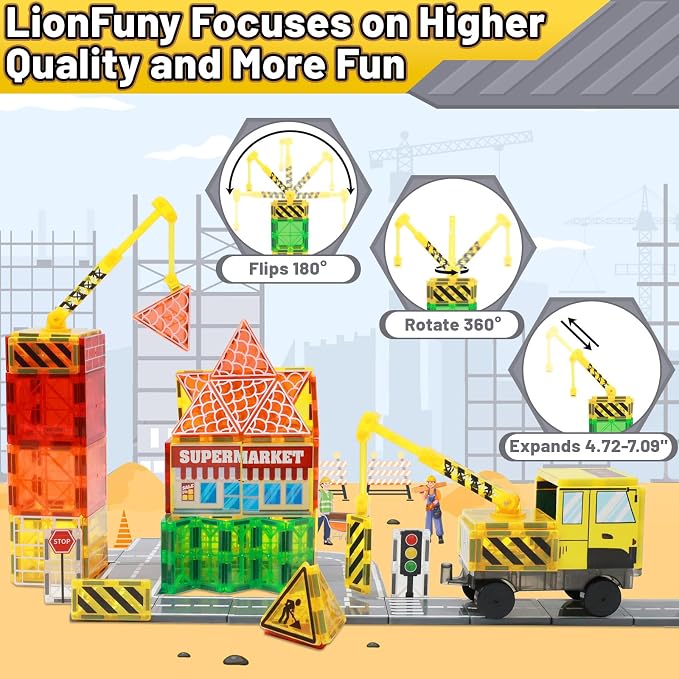 LionFuny 70Pcs Magnetic Tiles Magnetic Building Blocks, Building Toys for Kids Ages 3-5 4-8 8-12 Toddlers STEM Preschool Toy Boys Toys, City Construction Toys Set with 2 Cranes Train Tracks Road Car
