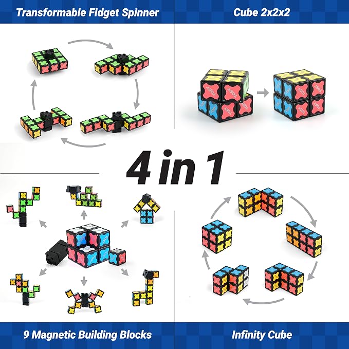 TOSY Magnet Fidget Spinner Mini - 8 Blocks, 3 in 1 Toy: Transformable Fidget Spinner, Infinity Cube, 2x2 Puzzle Cube, Stress Relief, STEM Magnet Tiles Birthday Gift for Kids/Boys/Girls/Adults, 2-Pack