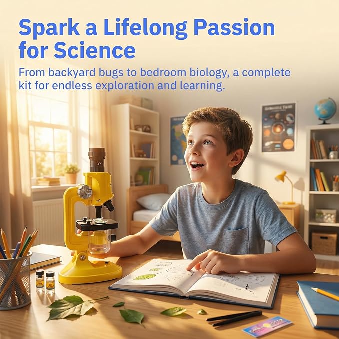 Little World Kids Microscope with LED Light - 100X/400X/1200X Magnification | Beginner science kit, monocular view, educational STEM gift for ages 5-12, Yellow