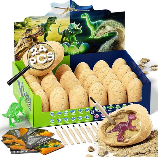 24 Glow in The Dark Dinosaur Eggs, Excavation Kit with Magnifier | Dig Kit Toys for Kids, Easter Basket Stuffers, Science STEM Party Favor Gifts for Boys Girls Age 3 4 5 6 7 8 9 10 + Years Old