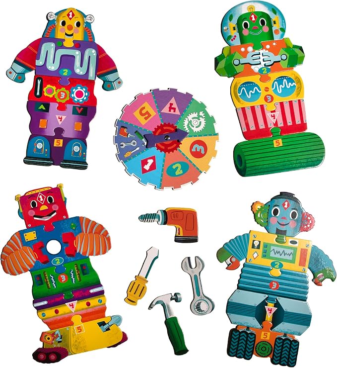eeBoo Build a Robot Spinner Game, Matching Game, Ages 3+, 2-4 Players | Introduces early number recognition & imaginative play. Includes spinner & robot building pieces. 15-30 min game