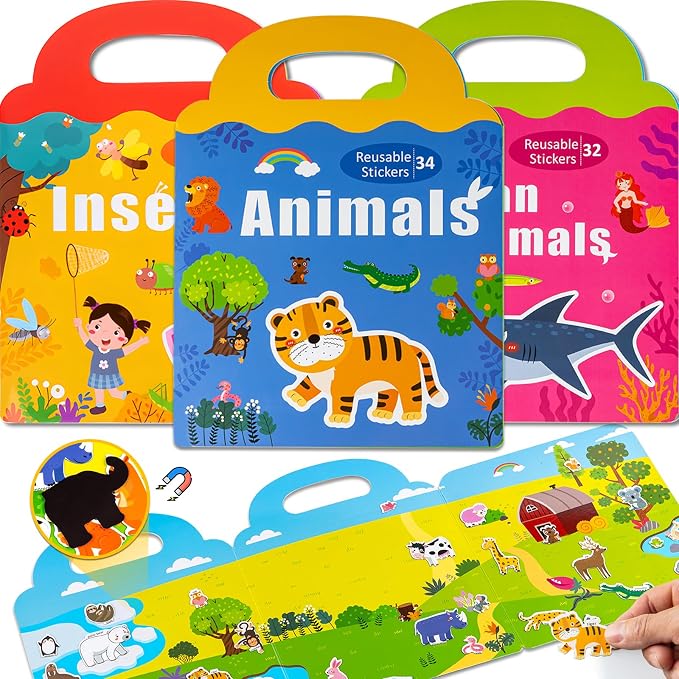 pinkking 3 Sets Magnetic Reusable Sticker Book for Toddler, Animals/Ocean Animals/Insect Theme Activity Magnet Book for 3 4 5 Years Boys Girls Road Trip Airplane Train Travel Essentials Toy