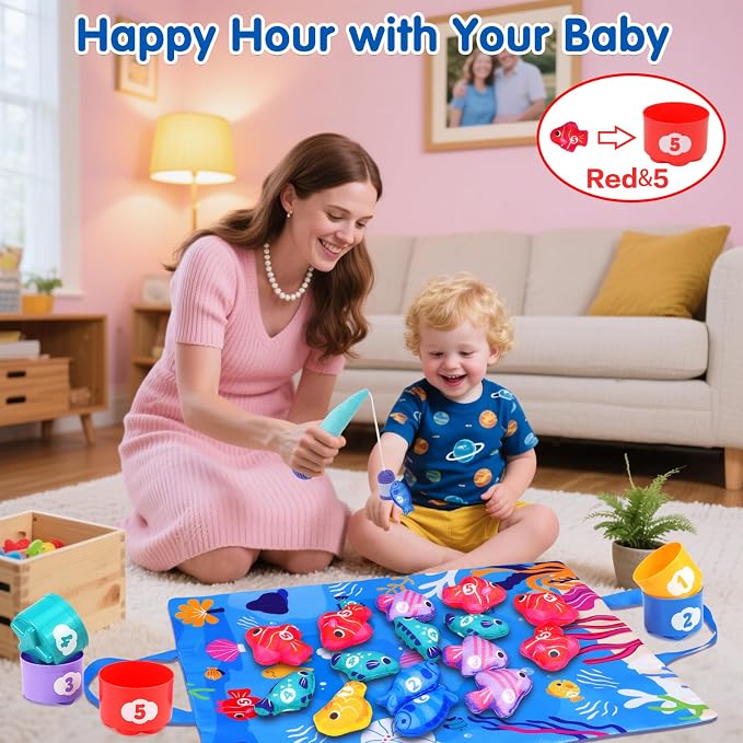 Montessori Toys for 1 Year Old: Cloth Fishing Game with Stacking Cups | Learning Educational Toys for 1+ Year Old Boy Girl First Birthday Gift - Number Counting, Color Sorting Toys for Toddlers 1-3