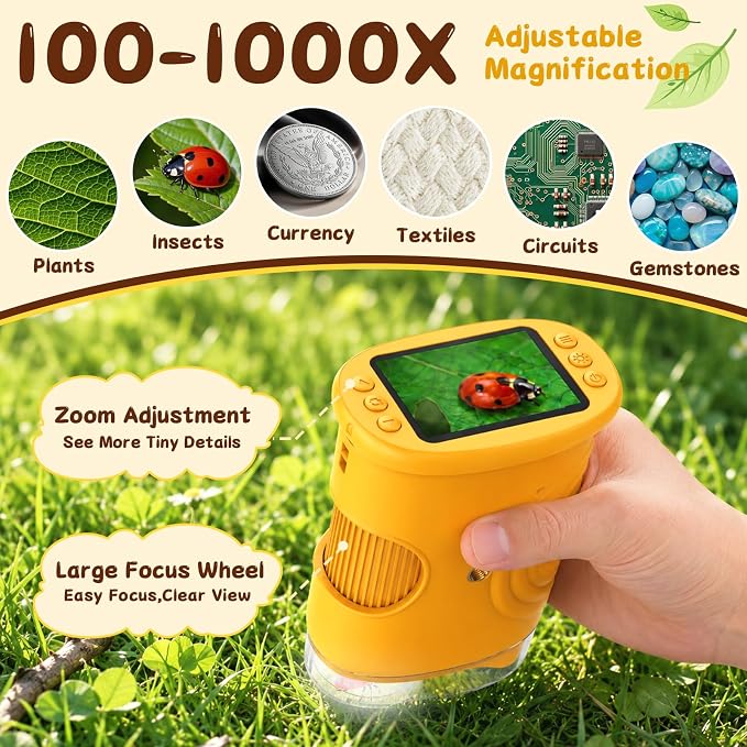 SEEKID Microscope for Kids 200-1000X, STEM Toy Science Kit for Kid(Yellow) | Handheld Digital Microscope, 2" IPS Screen, 4K HD Camera 200+ Photo Storage for Girls Boys Child Birthday Gifts