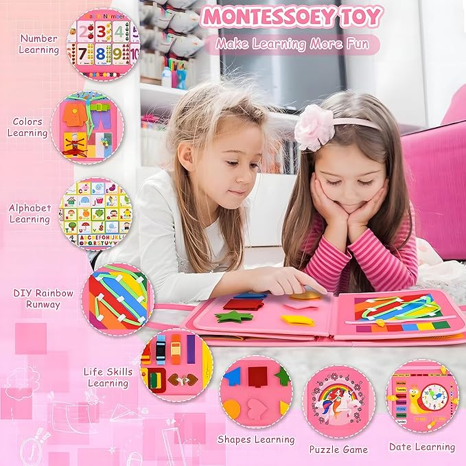 Montessori Busy Board Sensory Toddler Activity Book (Pink) | Toddla Learning Quiet Book for Girls & Boys Ages 1-3, Ideal Birthday & Christmas Gift for 1+ Year Old