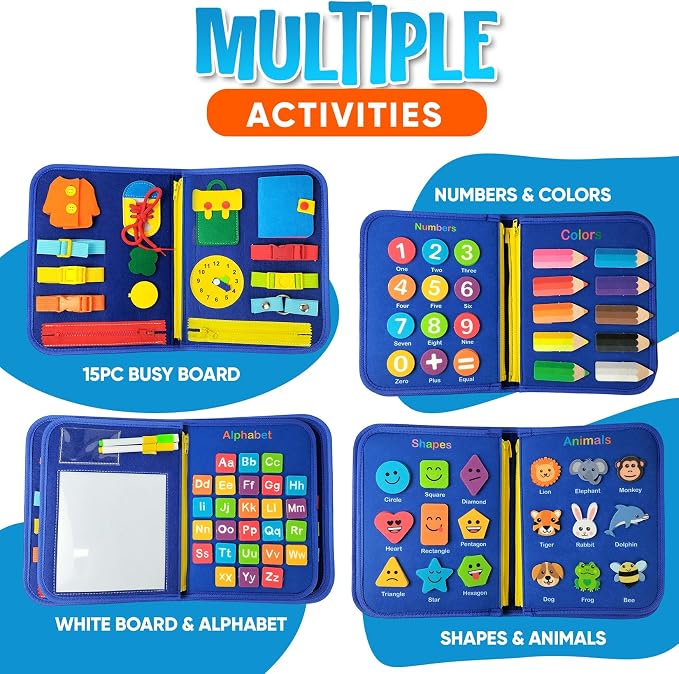 Montessori Busy Book for Toddlers 1-4 Years – Felt Quiet Book & Busy Board with 8 Pages, 21-in-1 Activities – Alphabet, Numbers, Colors, Shapes, Animals – Travel Toy for Boys & Girls
