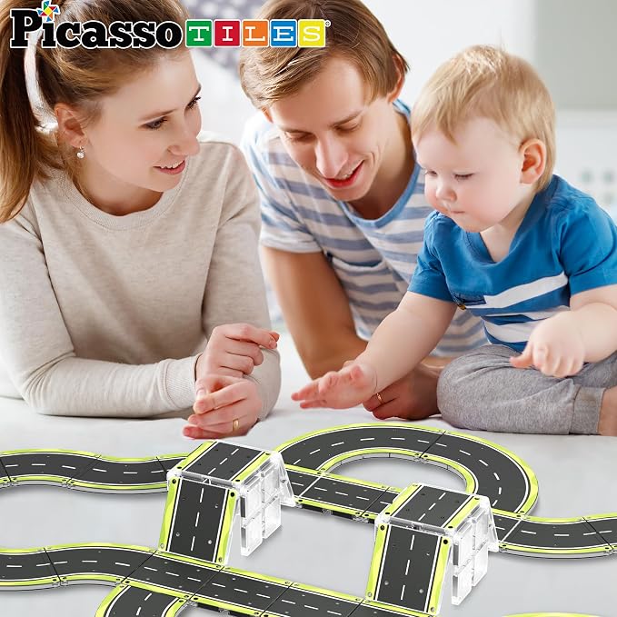 PicassoTiles Magnetic Building Tiles Car Track Magnet Vehicle Adventure Theme Printed Street Road Runway Speedway Highway Block Construction Expansion Add-on Education Learning Toys for Kids 3+ PTE16