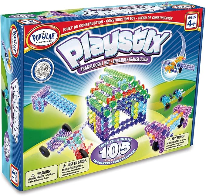 POPULAR PLAYTHINGS Playstix Translucent Set, 105 Piece, Building Sticks Kit | for Kids Ages 4 and Up, Construction Stem Building Toy Gift, for Boys & Girls, for Kids