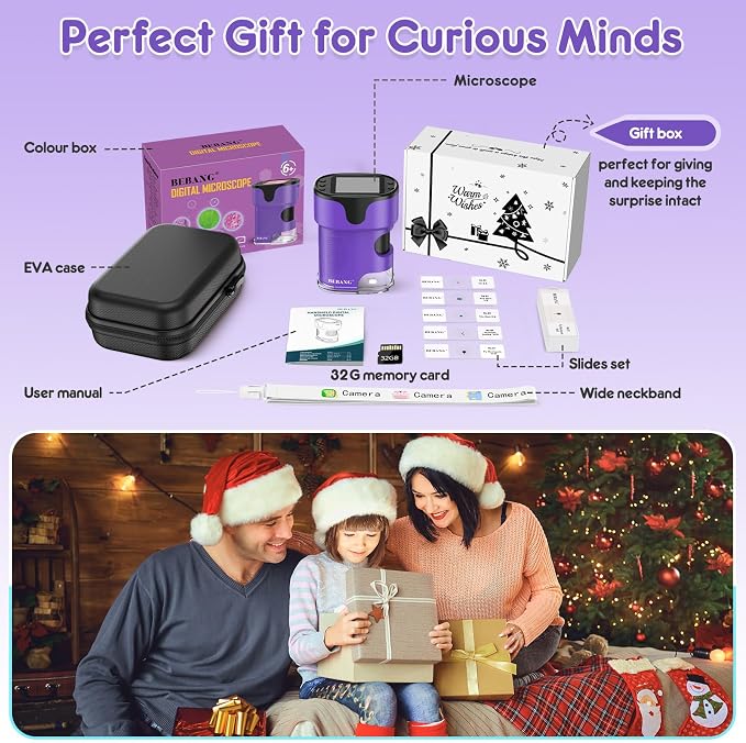 Kids Digital Microscope Science Gift: Complete STEM Toy Kit for Ages 4-12 | 32GB Card for Photos & Video / Custom EVA Case / Real Glass Slides / Upgraded 3mm Slide Slot / 2.5H Rechargeable Use