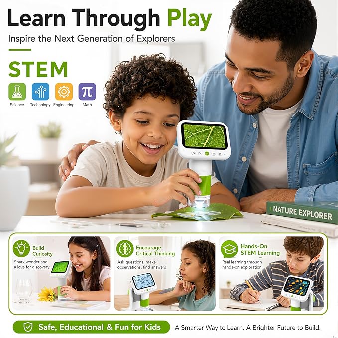 Kids Microscope with 1080P 4.3" Screen, 2-in-1 Desktop/Handheld Microscope | 1000X Microscope for Kids with 6 Slides, Photo/Video Capture, 8 LED Lights, 8GB Card, Birthday Christmas Gift for Kids 3-12