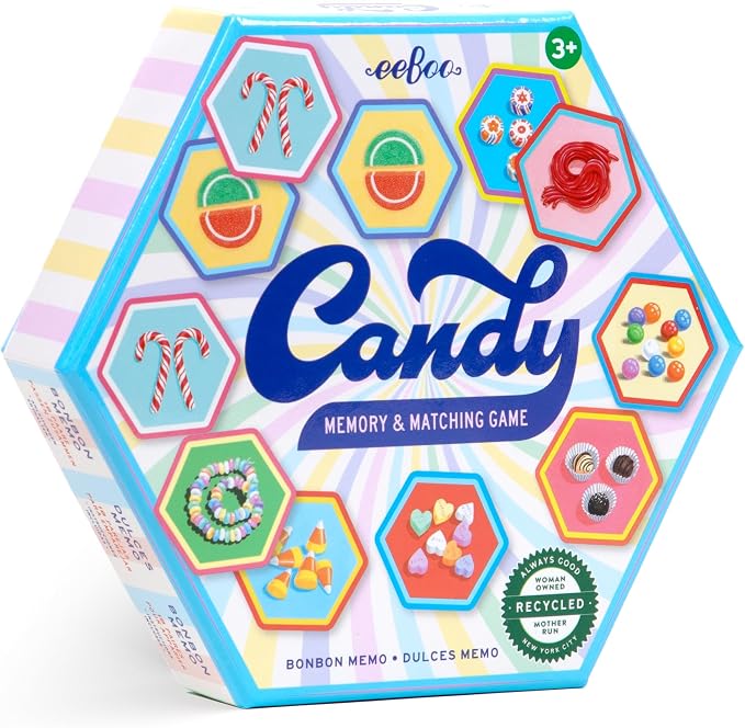 eeBoo Candy Memory & Matching Game, Ages 3+, 1-4 Players | Introduces sweets vocabulary. Sharpens recognition, concentration & memory skills. Includes 36 hexagonal tiles, 18 pairs