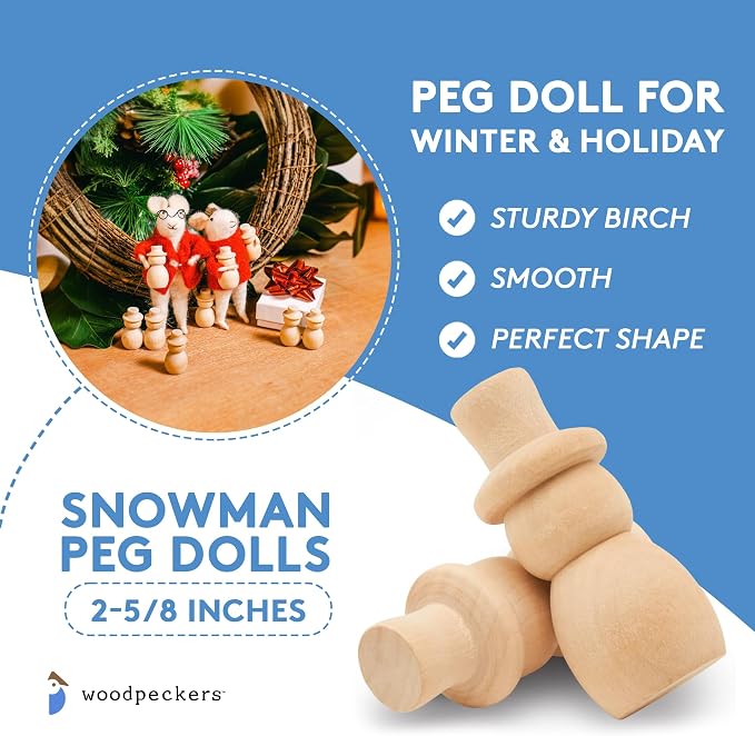 Snowman Peg Dolls 2-5/8 inch, Pack of 50 Wooden Peg Dolls for Christmas Crafts, Nativity Scenes, Holiday Decorations, by Woodpeckers
