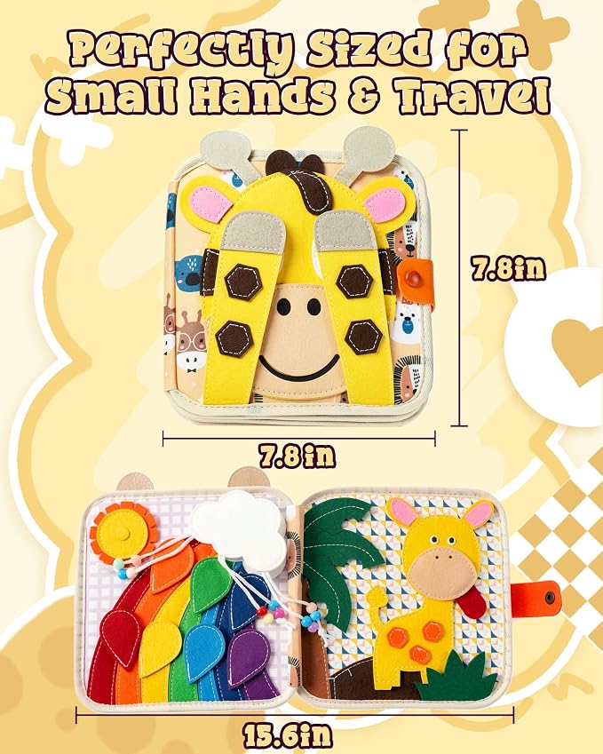 Montessori Busy Book for Toddlers, 8-Page Sensory Activity Book for Fine Motor Skills & Basic Dress Learning, Portable Travel Toy for Preschool Kids, Birthday Gift for Boys and Girls (Giraffe)
