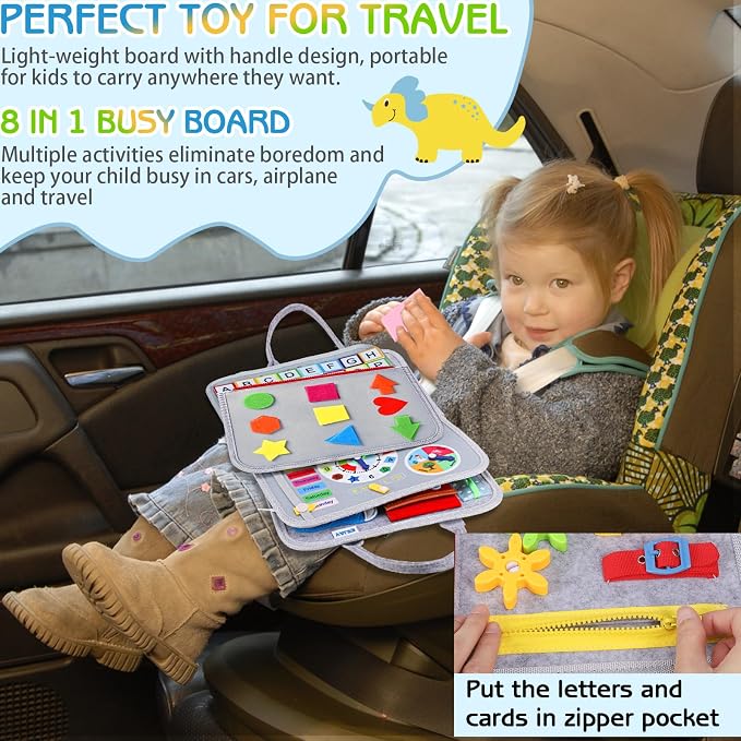 Esjay Busy Board Montessori Toys for Boys Girls, Sensory Book Educational Activities for Learning Fine Motor Skills, Birthday Gifts, Travel Toys for Airplane Car,Grey Multipages