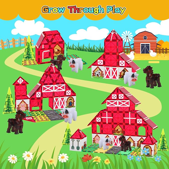 SKTMYY Magnetic Tiles Farm Animal Toy Set with Interactive Cow & Horse, Magnetic Building Blocks for Kids Ages 3-5 4-8 5-7, Magnet Tiles Educational STEM Toy for Boys & Girls