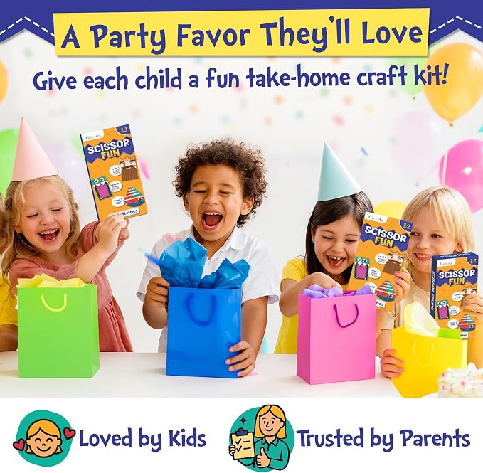 Funcils 15 Educational Kids Party Favors, Scissor Craft Kits, Age 3 4 5 6 7 | Scissor Skills Craft Activity Kits with Book, Scissors & Glue - Birthday Goodie Bags Stuffers, Classroom Gifts for Boys Girls