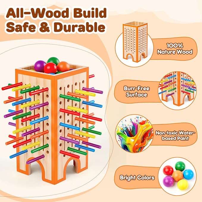 Montessori Board Game for Kids 4-6, 42 Colorful Wooden Sticks Dice Game with 12 Balls, Math & Counting Educational Toy for 3 4 5 6 Year Olds, Fine Motor Skills, Classic Table Game for Family Night