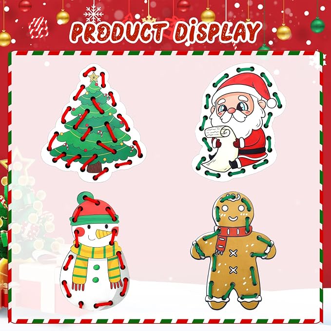 Christmas Lacing Card Motor Wooden Lacing Cards Fine Motor Skills | Christmas themed lacing cards designed to improve fine motor skills, focus, and hand-eye coordination.