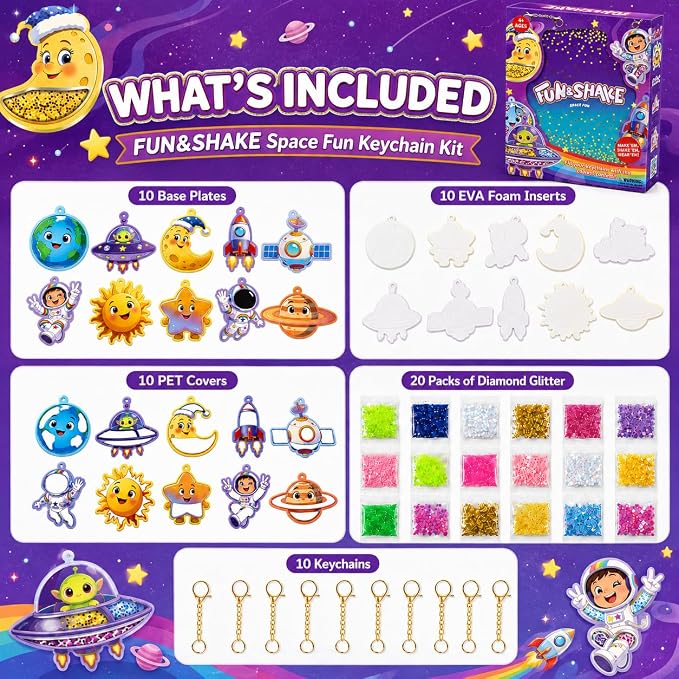 DIY Glitter Craft Kit with Keychains - Mess-Free Arts and Crafts for Kids Ages 4-8, Fun Shake-It Activity, Creative Travel Toys, Party Favors & Birthday Gifts for Girls 4-9