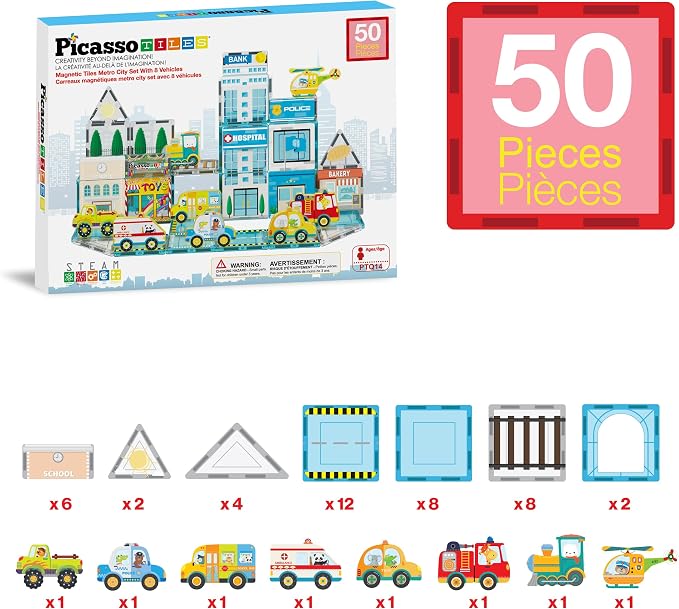 PicassoTiles Metro City Hospital Magnetic Tiles, STEM Building Set Ages 3+ | 8 vehicles and figures, illustrated road and rescue scenes, imaginative role play, screen-free learning for curious minds
