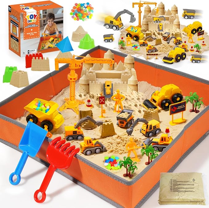 TOY Life 38-Piece Construction Sand Kit with Foldable Sandbox, Ages 3+ | 2.25 lb moldable material, 8 vehicles, crane, 6 molds, traffic signs, glow stones