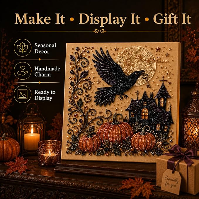 Halloween Pearl Art Kit for Adults, DIY Fall Craft (Crow) | Create textured Halloween decor through a screen-free, beginner-friendly craft activity.