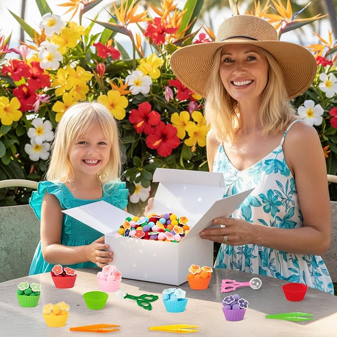 EZdhuawuse Summer Sensory Bin Fillers - 304Pcs Hawaii Flower Fine Motor Toys Counting Sorting for Kids, Felt Colorful Hawaii Flower Pom Poms Cup Clip for Preschool Education Birthday Gift Party Favors