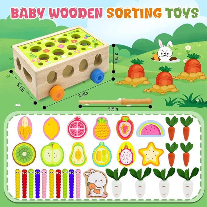 MEGRANATE Montessori Wooden Shape Sorter for Kids Carrot Shape Sorting Toy for Kids Montessori Shape Puzzles Fine Motor Toys Sensory Learning Educational Toys for Kids 3+ Years Old