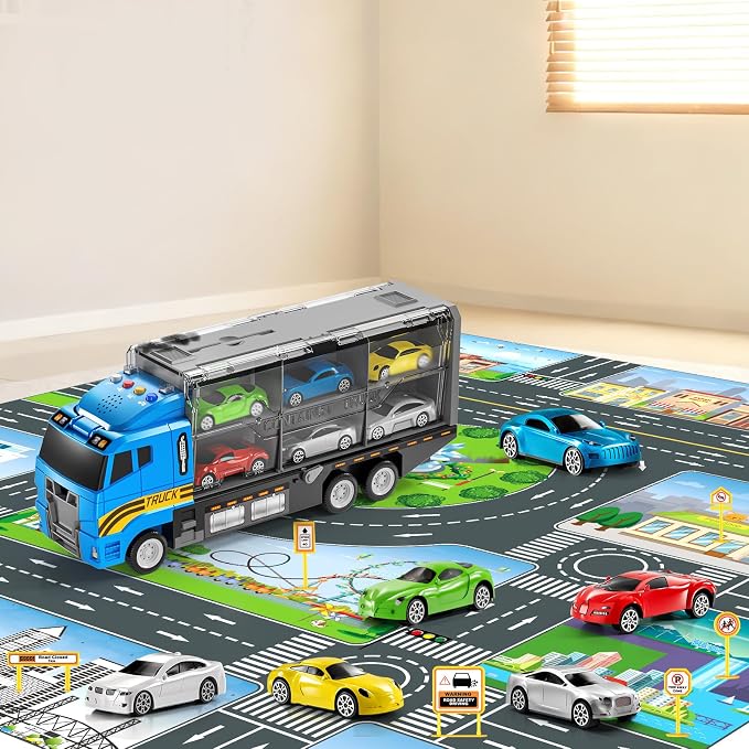 NIPLOOOW Toddler Boys Toys for 3 4 5 6 Years Old, Truck Vehicle Set with Play Mat and Die-Cast Toy Car, Transport Carrier Truck for Kids, Birthday Gifts Toys for 3 4 5 6 7 8+ Year Old Boys