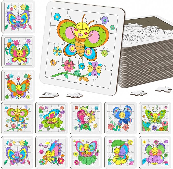 Cinrobiye 24 Pcs Butterfly Coloring Puzzle Craft Kit, DIY Butterfly Jigsaw Puzzles Bulk, 12 Designs Spring Arts Crafts Set, Butterfly Puzzle Party Favors, Creative DIY Party Supplies and Gifts
