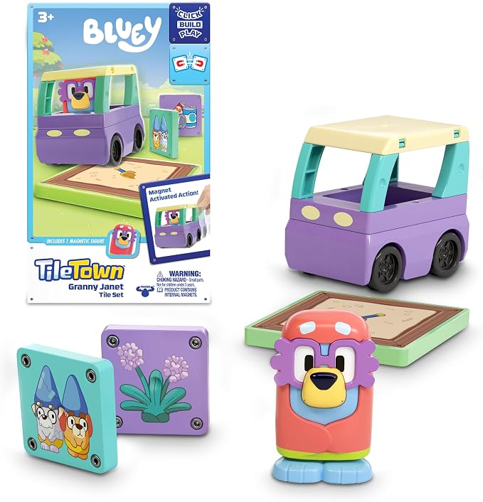 Tile Town Bluey Granny Janet 6-Piece Magnetic Tile Playset, Interactive STEM Magnetic Tiles Toys, Includes Bluey & Bingo Figures, Action Tiles
