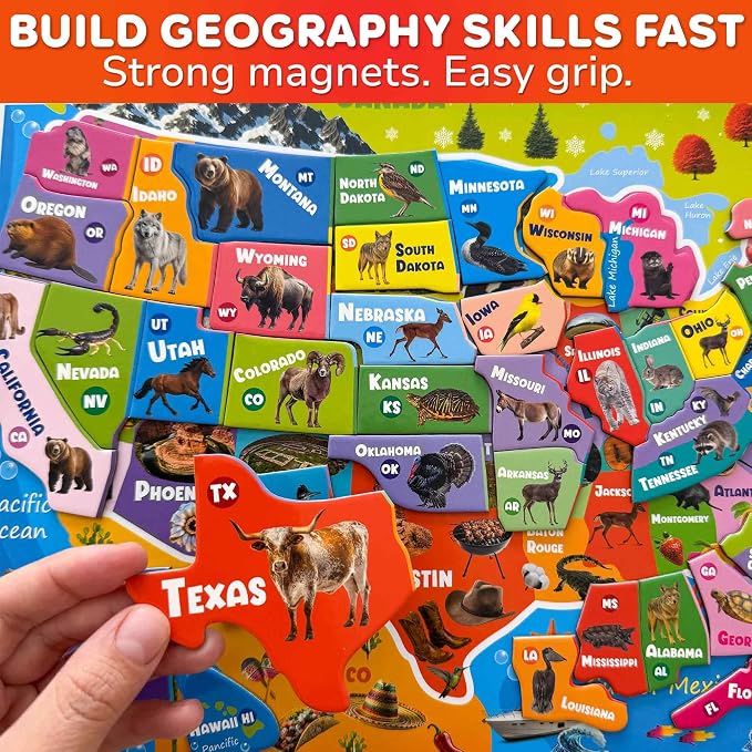 Magnetic Puzzles for Kids Ages 4-6 - USA Map Puzzles for Toddlers 3-5 | Montessori Realistic Educational Toys for Kids - United States Geography Learning Games for 5-8 Years Old