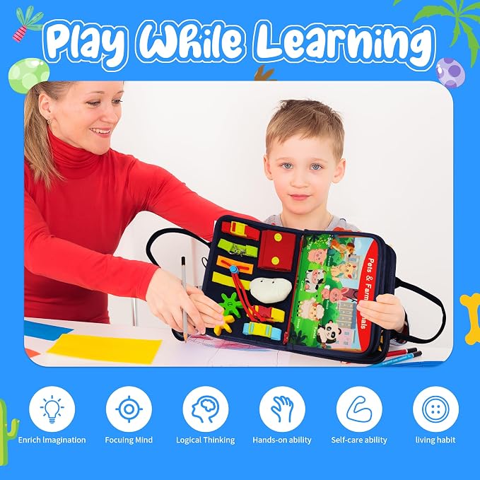 TenFans Busy Board for Toddlers 3+ Years Old, Montessori Sensory Toy | 8-Layer Felt, Educational Learning Fine Motor Skills Activity Board, Travel Toys for Car Airplane, Gifts for Boys Girls