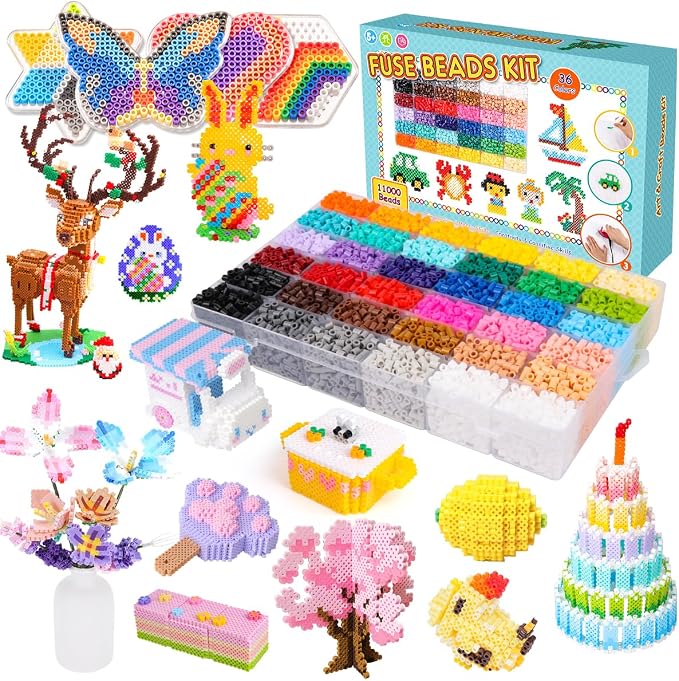 Meland Fuse Beads Kit, 5MM 11,000 Beads in 36 Colors, Crafts for Ages 5-12 | Includes 5mm beads, 5 pegboards, ironing paper and chain accessories for creative crafts, keychains and colorful designs