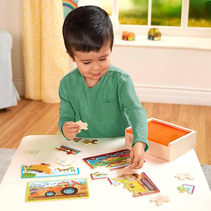B. toys Wooden Puzzle Set, Pack o' Puzzles Trucks, 4 x 12 Pieces, Wood Toys | 4 truck-themed wooden with storage box, color-coded backs, easy-hold pieces, 48 puzzle pieces, Trucks, Wood Toys, 3+ Years