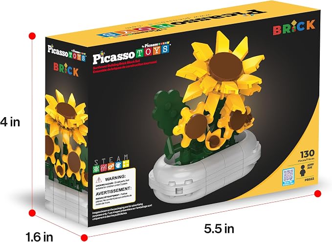 PicassoTiles 130pc STEM Sunflower Building Brick Block Set with Vase Flower Craft Toy for Kids Ages 3+ Educational Learning and Creative Activity Construction Room Decor Gift for Boys and Girls PBS22