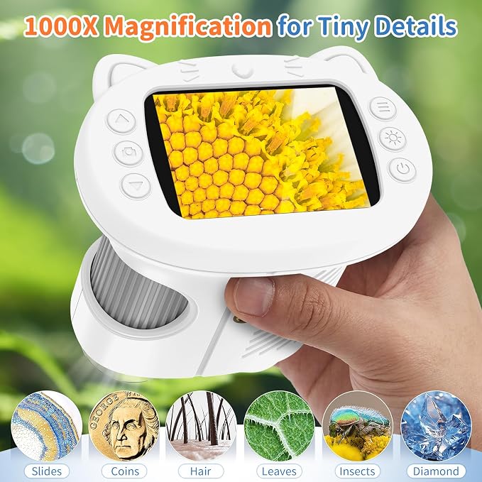Kids Handheld Digital Microscope 1000X: Science Gift Kit STEM Toy Ages 5-13 | 8GB SD Card for Photo/video, Rechargeable, 2.4" Screen, 8 LEDs, Portable Magnifying Glass Pocket Miniscope for Girls Boys