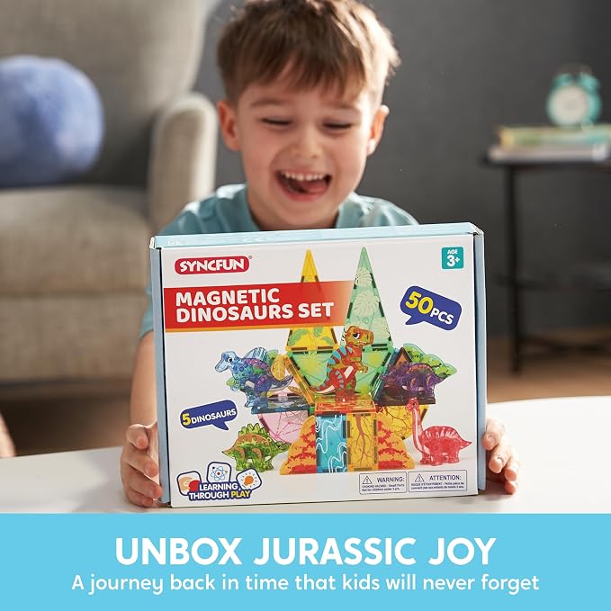 SYNCFUN Magnetic Building Tiles Dinosaur Set for Kids, 50PCS Including 5 Cute Dinosaurs, Educational STEM Toy for Boys & Girls Ages 3-5 4-8, Christmas Birthday Party Gift