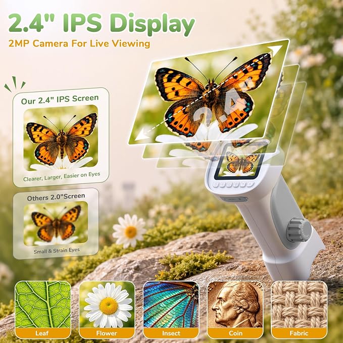 1000X Handheld Digital Microscope for Kids with 2.4" IPS Screen | Portable Educational STEM Microscope Toy with Photo/Video, 8 LEDs, Manual Focus, Rechargeable for Ages 4-12 Boys & Girls