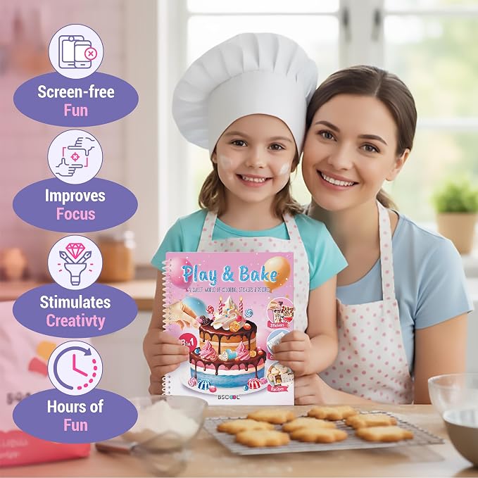 BSCOOL Baking Coloring Book with Stickers Recipes and Cake Design | Activity and dress-up keep kids ages 5 and up. Includes drawing guides, baking recipes, and fun sticker sheets for girls.