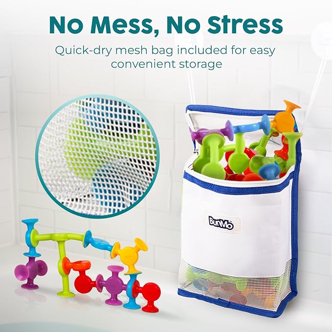 BUNMO Bath Toys Suction - Connect, Build, Create - Bath Toys - Hours of Fun & Creativity - Fine Motor Skills - Stimulating Sensory Toys - Non-Mouthable Toy 3+ - Textured 44 Pack