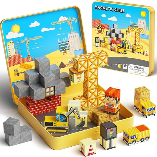 Magnetic Engineering Travel STEM：49PCS Mini Blocks Kit for Ages 3-8 | N32 Strong Magnets, Iron Box Baseplate, 49 Builds, 40+ Min Focus, 1-Min Storage, ASTM & CPSIA Certified, Perfect for Travel