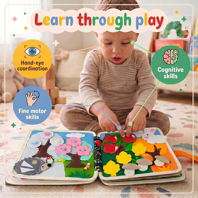 LUMS Busy Book for Toddlers 1-3 - Montessori Busy Board, Toddler Activity Book Ages 2-4, Felt Quiet Sensory Learning Travel Toy for 1 Year Old, Car & Airplane Rides