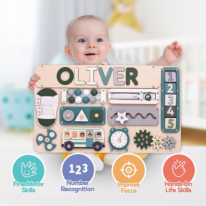 Busy Board Bear for Toddlers Wooden Montessori Toys, Wooden Controller Sensory Toy for Autistic Children & ADHD Sensory Board for Education & Learning Green