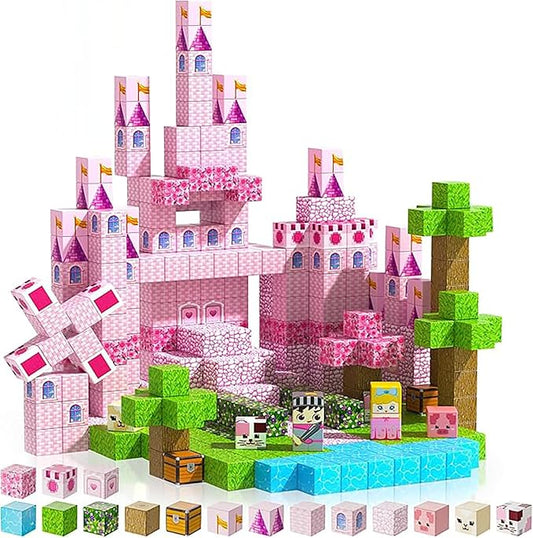 Pink Magnetic Building Blocks MagneticBuilding Tiles Toys for Boys Girls Age 3+, Creative PlasticMagnet Square Gift for Kids Pink Castle 100PCS