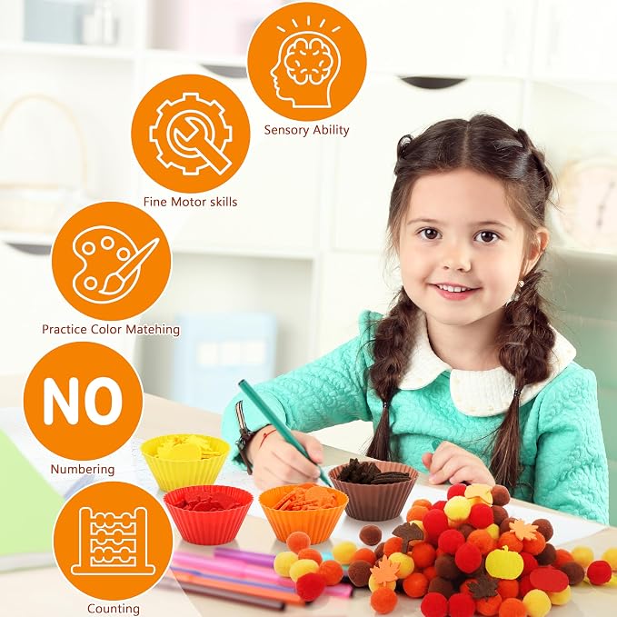 353 PCS Thanksgiving Fall Sensory Bin Fillers Fine Motor Preschool Toys | Autumn Counting Color Sorting Set, With Felt Leaves, Pom Poms, Clip, Silicone Bowls Handy Storage Box,Thanksgiving Gift