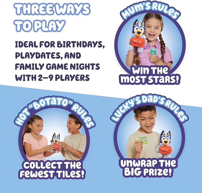 Bluey Pass the Parcel Musical Game, Soft 8" (20cm) Plush, Game for Kids | Huggable fun family game, children's party game or preschool game, three interactive kids games to play, including hot botato